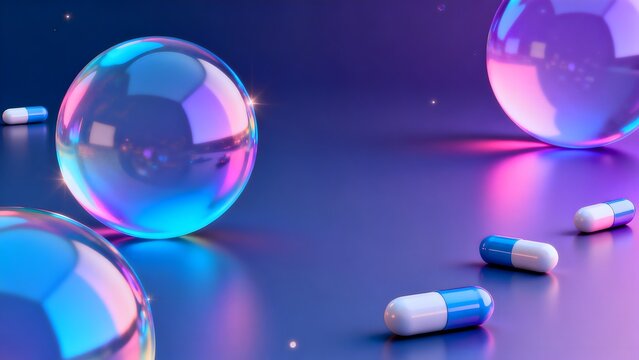 Glowing spheres and capsules on reflective surface