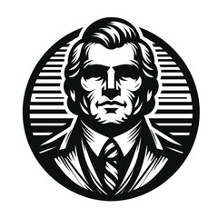 Obraz premium A black and white vector icon set featuring a stylized illustration of a man in a suit and tie against a striped background, created in a graphic design style.
