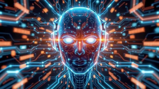 Futuristic Cybernetic Head with Digital Circuitry Background in Neon Colors
