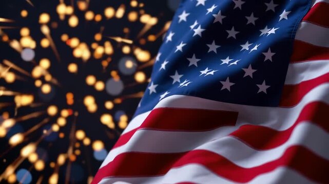 American Flag Gently Waving Against a Dark Background with Soft Focus Bokeh Lights