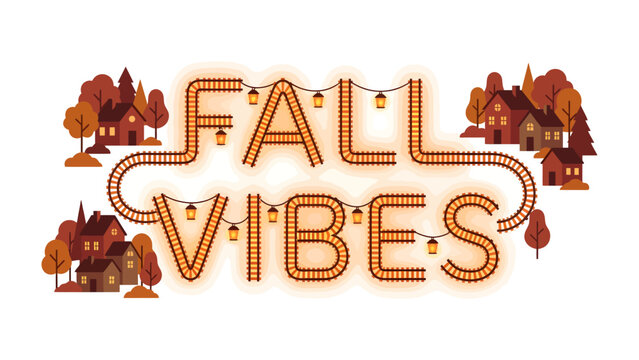Fall Vibes: Cozy autumn townhouses are nestled among trees with falling leaves, while the words FALL VIBES are illuminated with a warm, inviting glow, evoking the cozy feeling of the season.