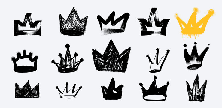 Set of grunge brush stroke crown icon with paint textures. Styles of graffiti, brush, ink, pen. Bold graffiti outline crowns, rough hand drawn symbols using marker, strokes for edgy branding design.