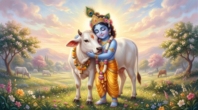 Lord krishna embracing a sacred white cow in a beautiful meadow