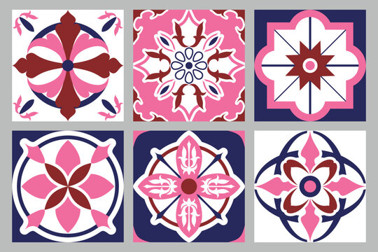 Set colorful mediterranean tile floral seamless pattern