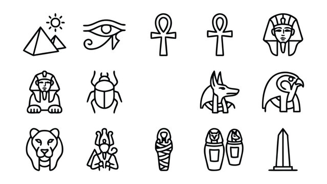 Minimalist vector line icon set of twelve ancient Egyptian mythology symbols including pyramids, sphinx, ankh, pharaoh mask, eye of horus, and sacred animals with uniform stroke weight on white.