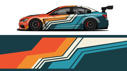 Colorful racing car with bold geometric livery on an abstract backdrop. © Lailatul