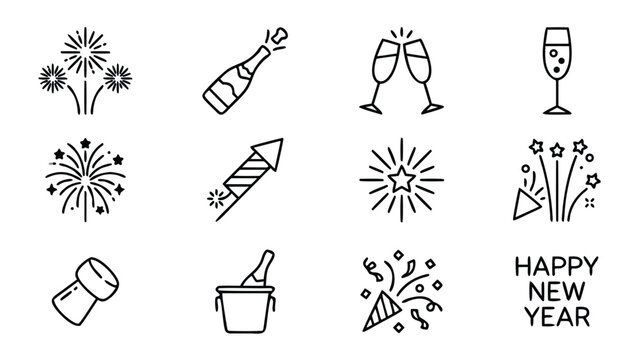 Minimalist Line Art Vector Icon Set for New Year Celebration Featuring Fireworks, Champagne Bottles, and Party Elements, Arranged in an Ordered Grid Layout for Festive Event Invitations.