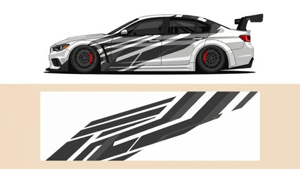High-contrast racing car with graphic wrap and rear spoiler for street and track display. © Lailatul