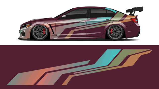 Sleek customized sports car with bold decals and vibrant color stripes.