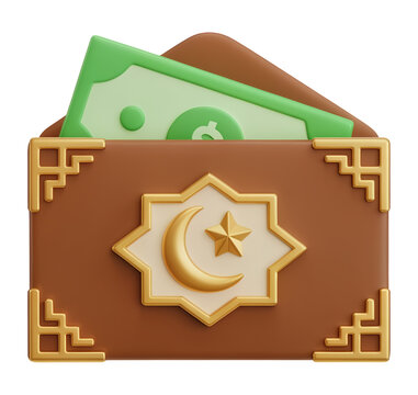 3D Eid Mubarak Green Money Pocket Concept with Gold Star and Crescent