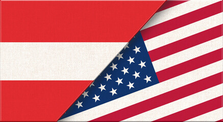 Fototapeta premium Double flag of Austria and USA on fabric texture. 3D illustration