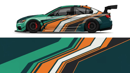 Illustrated sports car in teal and orange racing stripes, dynamic side view. © Lailatul