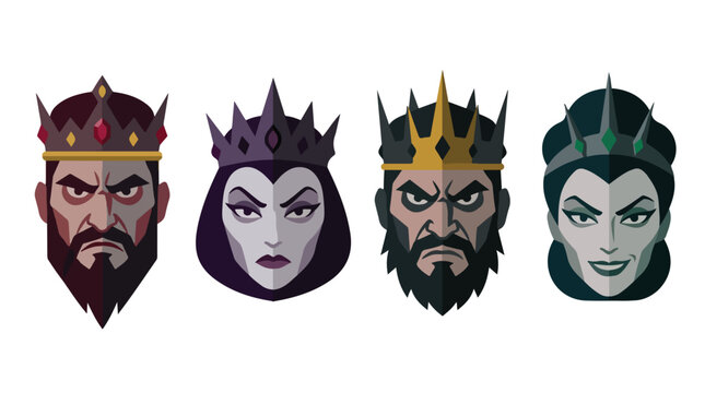 Evil king and queen face flat vector icon set. Dark royalty villains avatar collection. Cruel monarch emperor and witch empress heads with crowns isolated on white background.