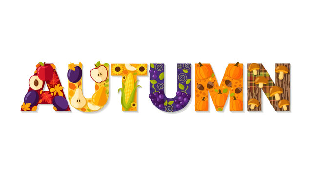 Autumn Harvest Typography: The word AUTUMN is creatively spelled out using a vibrant arrangement of seasonal fruits, vegetables, and mushrooms, celebrating the bounty of fall.