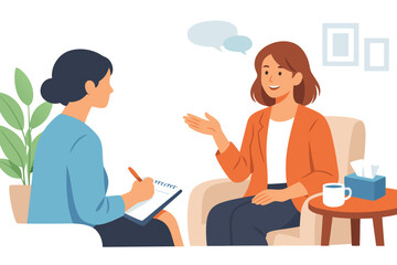 Fototapeta premium Professional Flat Illustration of Two Women Engaged in Conversation with One Character Taking Detailed Notes During an Interview Meeting or Counseling Session for Business and Media Use