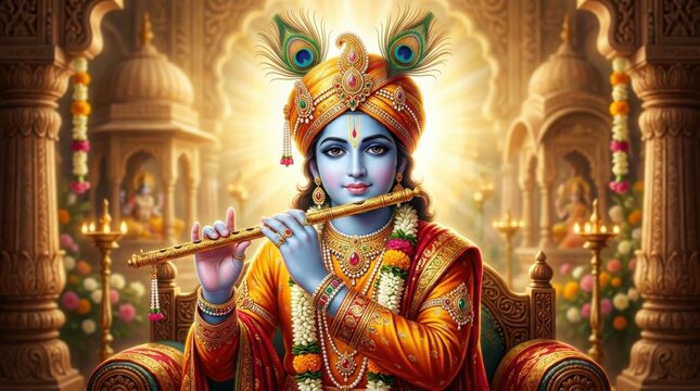 Lord krishna playing flute in ornate traditional indian temple setting