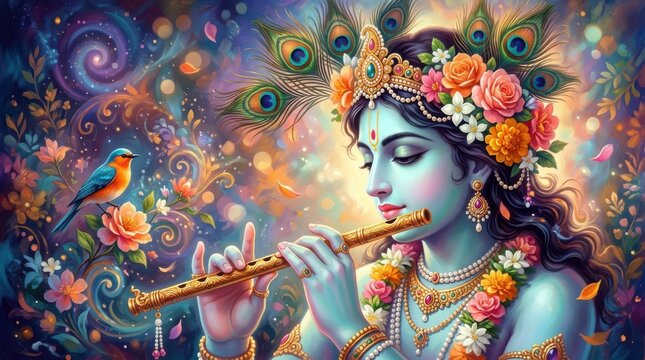 Lord krishna playing the flute with peacock feathers and floral decor