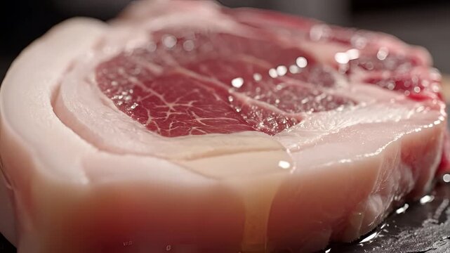 Closeup of raw pork chop being seasoned with oil for cooking.