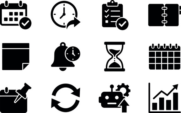 Collection Of Black Flat Icons Representing Time Tasks And Progress