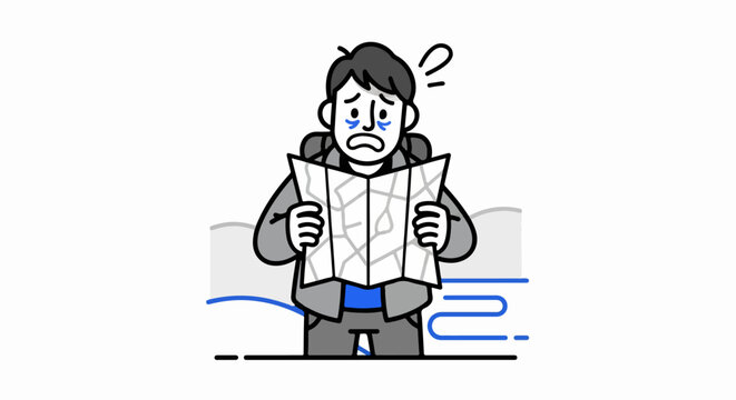 Confused man reading complicated map with frustration.