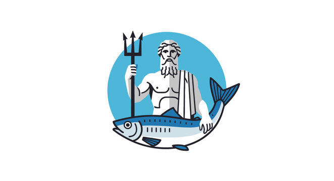 Cartoon Mythological King Riding Giant Fish With Trident.