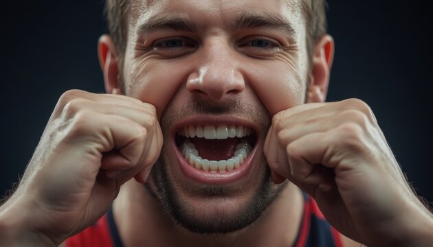 This is a close up of a man with his mouth open and fists in the air