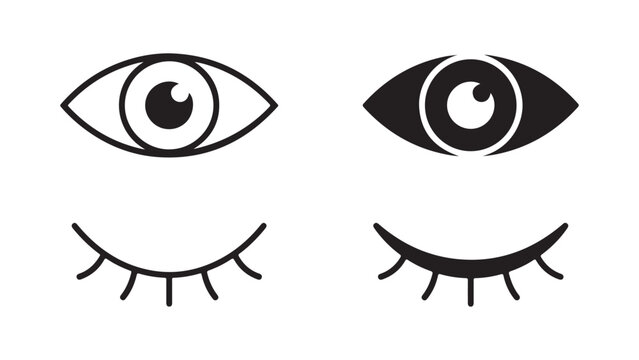 Open and Closed Eye Icons Vector Set Isolated on White Background for Vision, Sleep and Visibility Concepts
