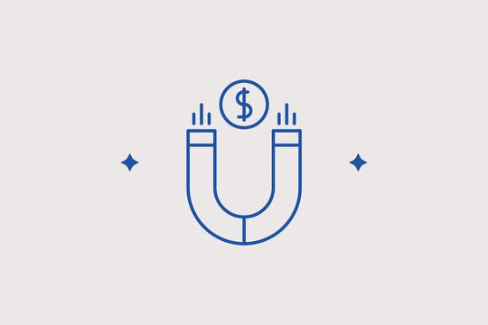 Large horseshoe magnet attracting dollar coins line icon for financial wealth generation. successful vector illustration for investment inbound marketing, profit growth, or sales.