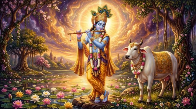 Lord krishna playing the flute with a cow in a divine lotus pond