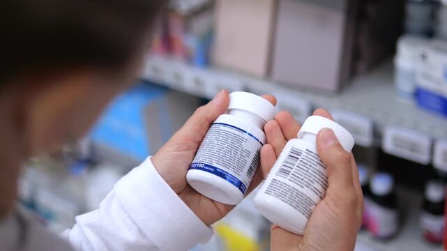 Close up view of a woman's hands holding and comparing two different bottles of medicine while standing in a pharmacy aisle, carefully reading the labels to make an informed decision