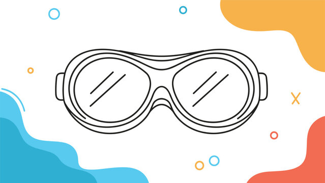 Minimalist black and white outline drawing of a pair of ski goggles, set against a dynamic background of soft, abstract colorful organic shapes, creating a modern aesthetic.