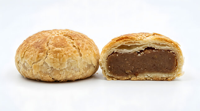 Malaysian baked biscuit pie with mung bean paste, or known as tau sar piah. A Chinese influenced Malaysian popular dessert, shot in cross section on white background