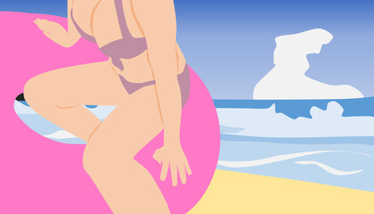 海で浮き輪で遊ぶ女性のイラスト © くろねこ