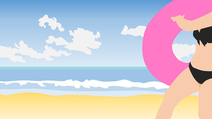 海で浮き輪で遊ぶ女性のイラスト © くろねこ