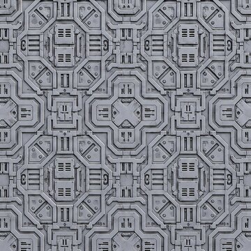 Seamless Light Gray Sci-Fi Metal Panel: Industrial Tech Texture with Greeble Detail