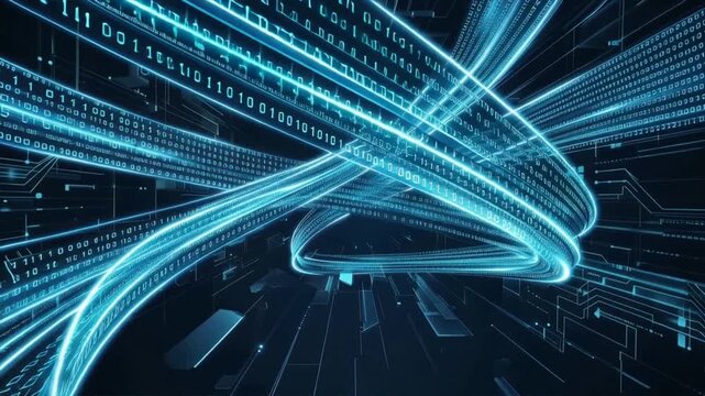 Futuristic digital landscape with flowing binary codes and data streams representing technology and connectivity.