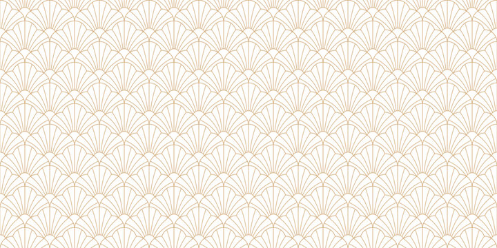 Elegant art deco seamless pattern with golden fan shaped linear scales. Luxury geometric background for wallpaper.