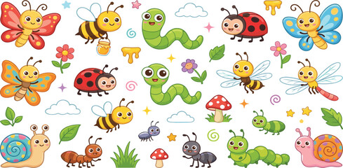 Cute cartoon insects and garden bugs vector collection with butterfly bee snail and caterpillar © MST HASMOTARA