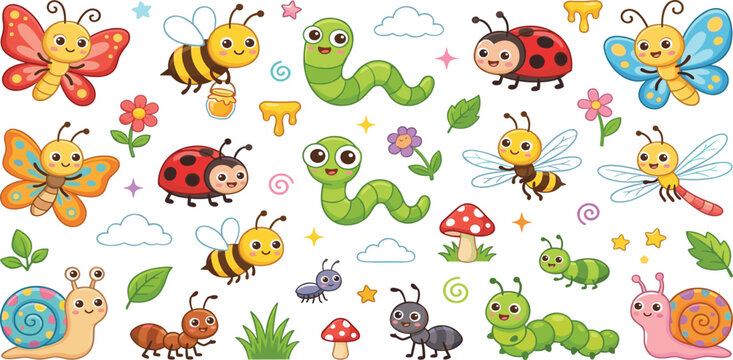 Cute cartoon insects and garden bugs vector collection with butterfly bee snail and caterpillar