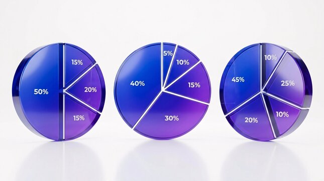Three colorful pie charts displaying data and percentages, ideal for business analytics and financial reporting. The charts are on a clean, reflective surface