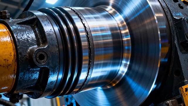 Precision metal cylinder with machining marks surrounded by yellow clamps in workshop