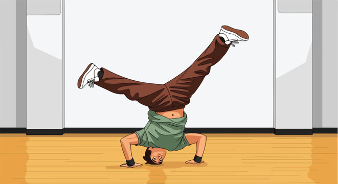A dancer balances upside down in a room