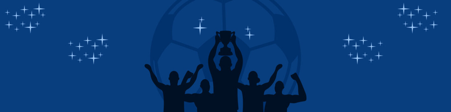 Soccer Team Champion Celebration Banner with Trophy and Football. Creative sport concept. Art vector graphic for brochures, flyers, presentations, logo, print, web