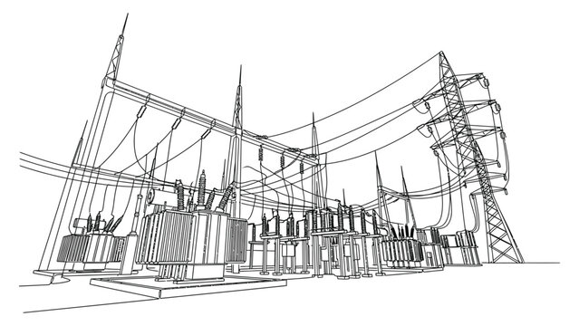 Electrical substation with power lines and towers.
