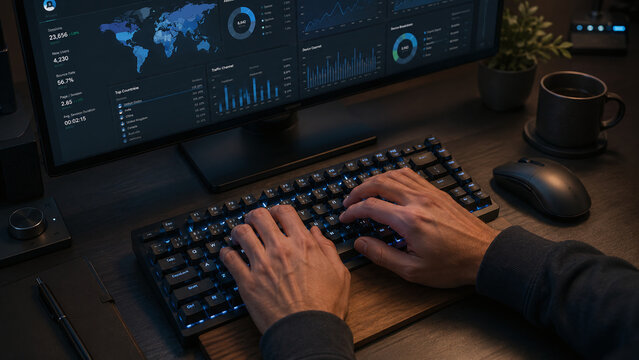 Digital marketer working with website analytics charts on screen