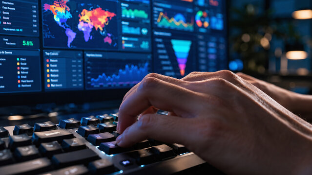 Digital marketer working with website analytics charts on screen