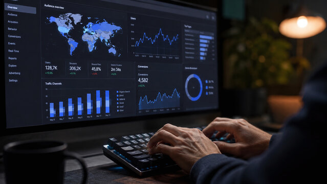 Digital marketer working with website analytics charts on screen