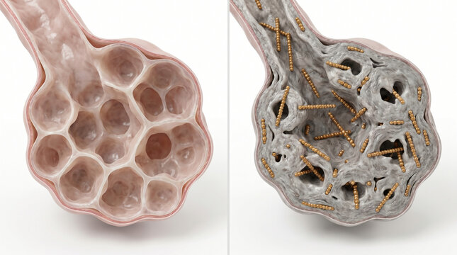 Cross section of healthy lung alveoli vs asbestosis fibrosis caused by asbestos fibers