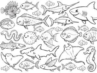 Fototapeta premium Set of Hand Drawn Sketch Sea Animals and Fish Vector Illustration Collection
