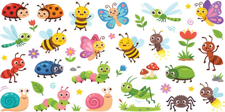Cute cartoon insects and garden bugs vector collection with butterfly bee spider grasshopper and snail